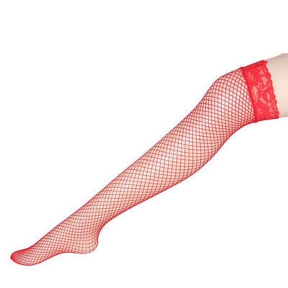 Thigh High Red Sexy Fishnet Tights Stockings O/S - Picture 2 of 2